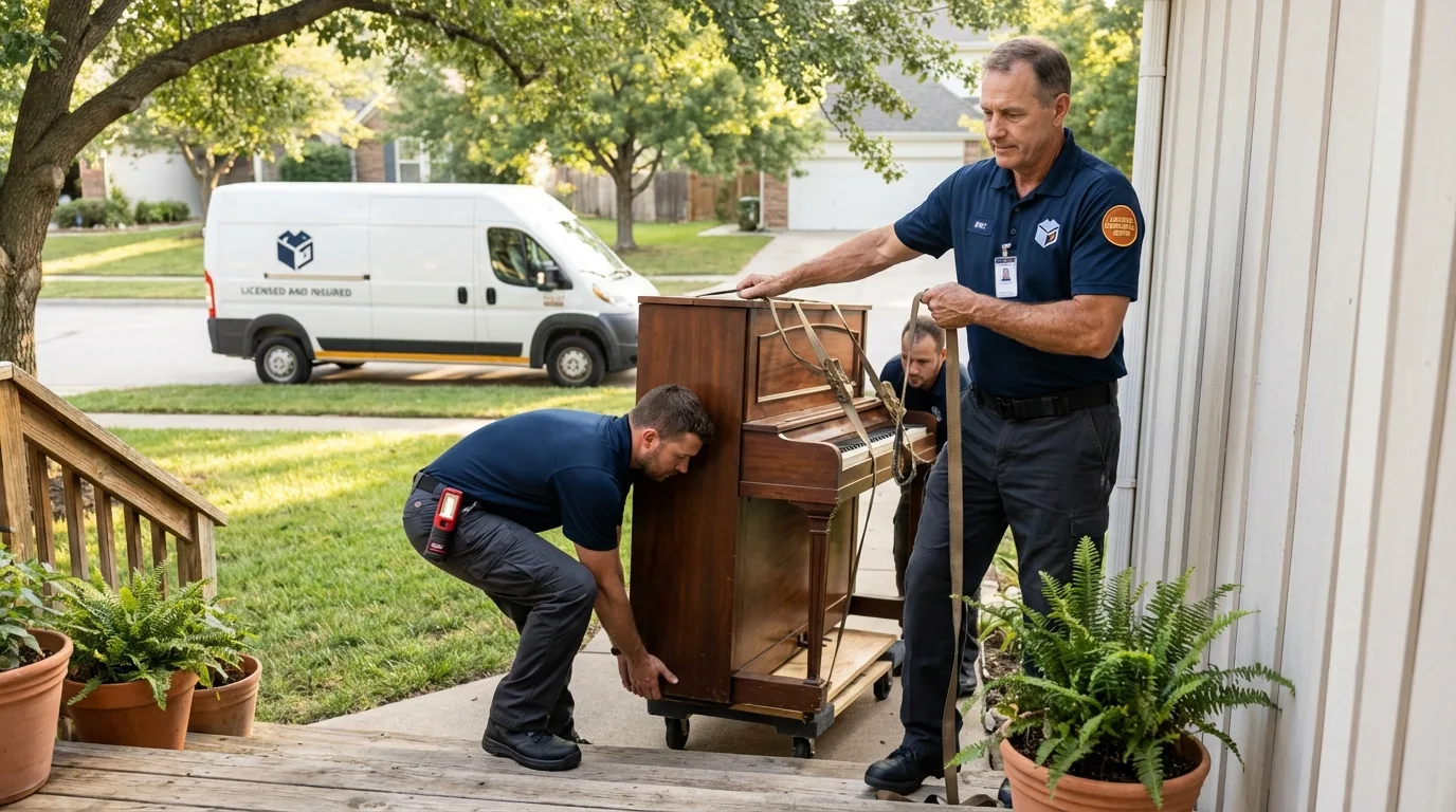 Licensed piano movers securing grand piano in Friedens, PA