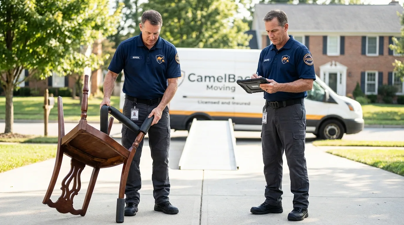 Movers inspecting furniture for damage prevention before loading in Friedens, PA
